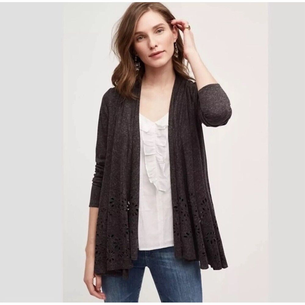 Anthropologie‎ Meadow Rue Verna Linen Blend Laser Cut Cardigan Grey Floral Small